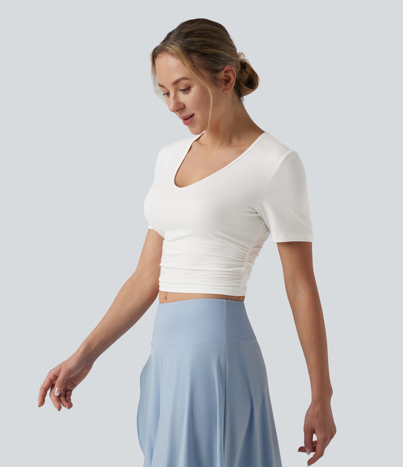 V Neck Short Sleeve Cropped Casual T-Shirt