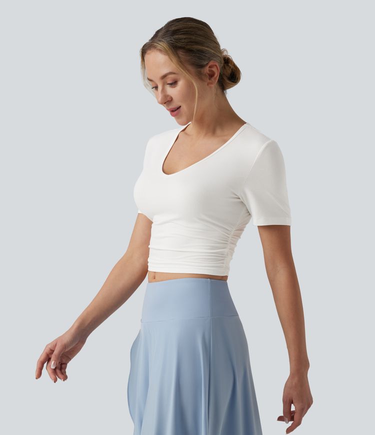 V Neck Short Sleeve Cropped Casual T-Shirt