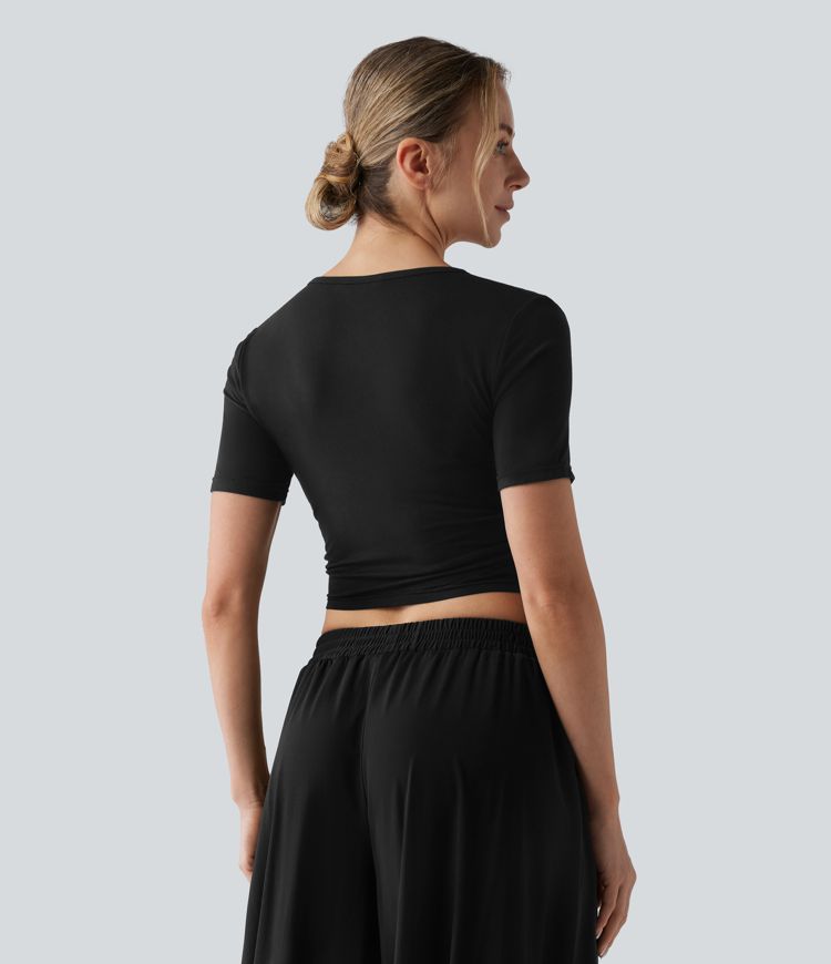 V Neck Short Sleeve Cropped Casual T-Shirt