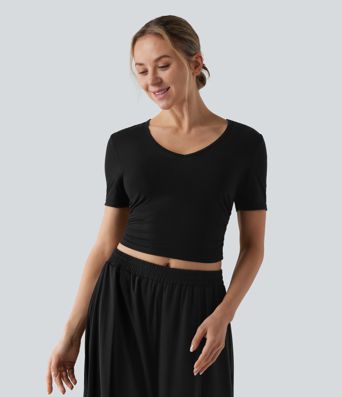 V Neck Short Sleeve Cropped Casual T-Shirt