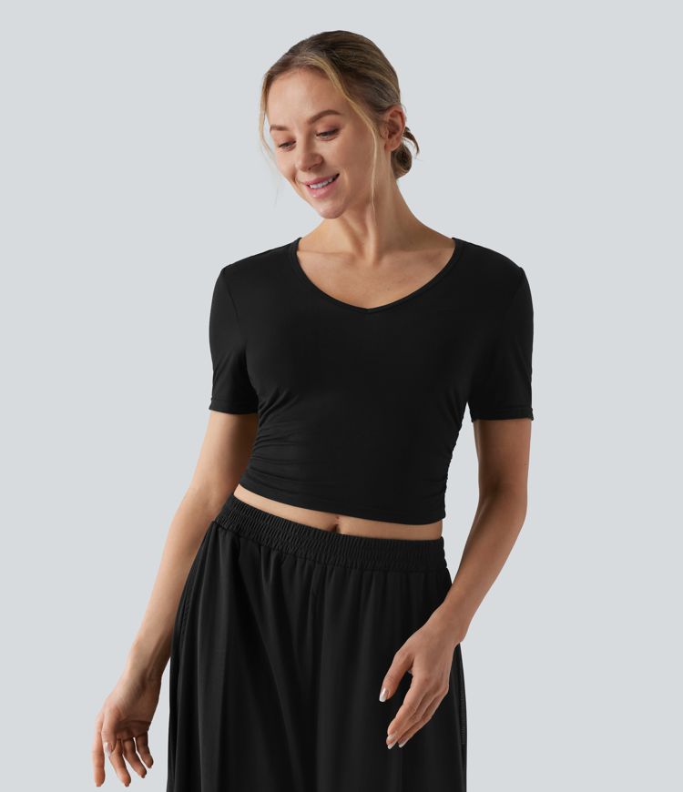 V Neck Short Sleeve Cropped Casual T-Shirt