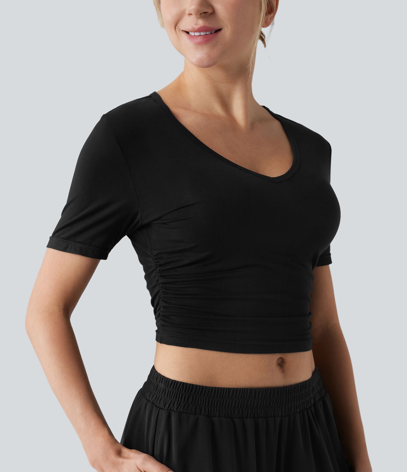 V Neck Short Sleeve Cropped Casual T-Shirt