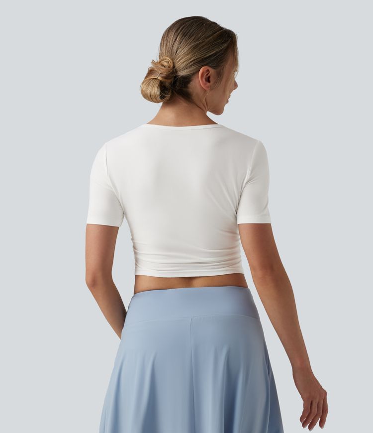 V Neck Short Sleeve Cropped Casual T-Shirt