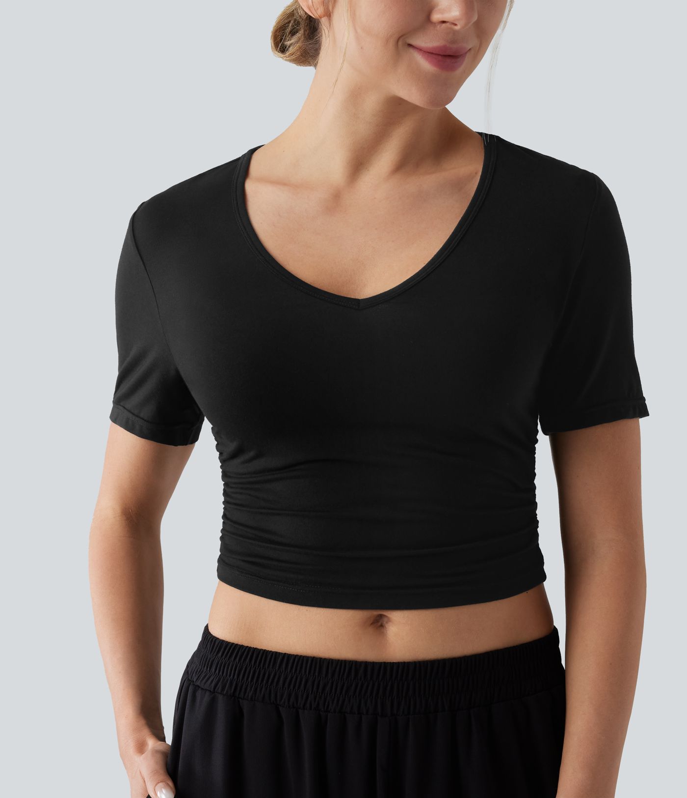 V Neck Short Sleeve Cropped Casual T-Shirt