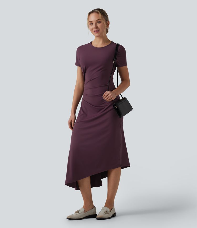 Robe mi-longue de travail col rond manches courtes ourlet asymétrique