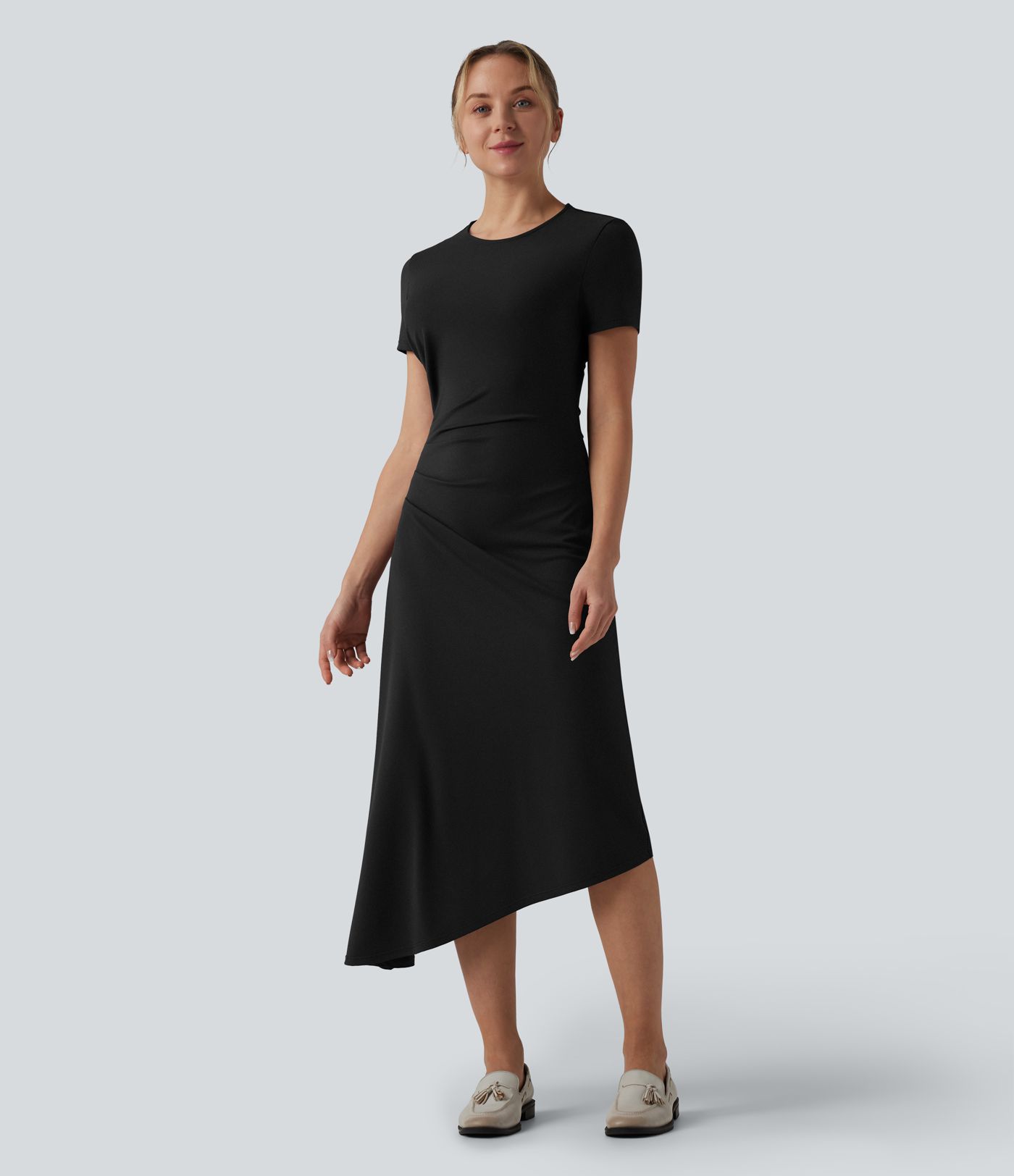Round Neck Short Sleeve Asymmetric Hem Midi Work Dress