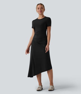 Round Neck Short Sleeve Asymmetric Hem Midi Work Dress