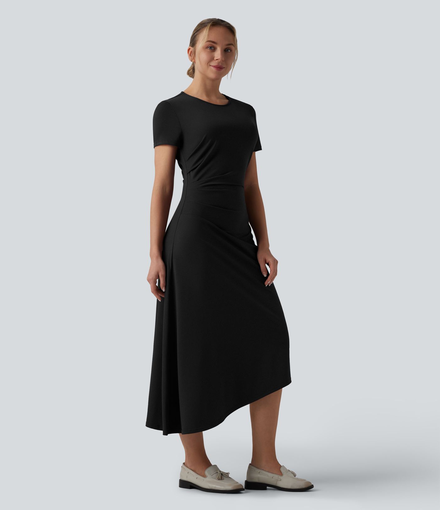 Round Neck Short Sleeve Asymmetric Hem Midi Work Dress