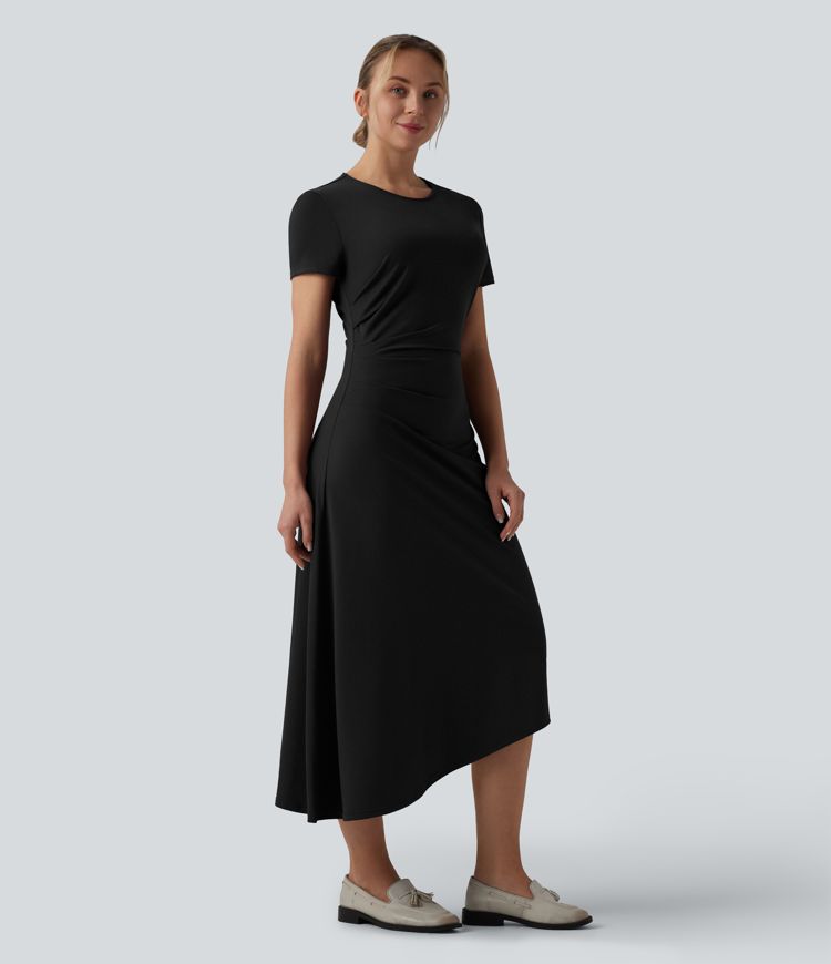 Round Neck Short Sleeve Asymmetric Hem Midi Work Dress