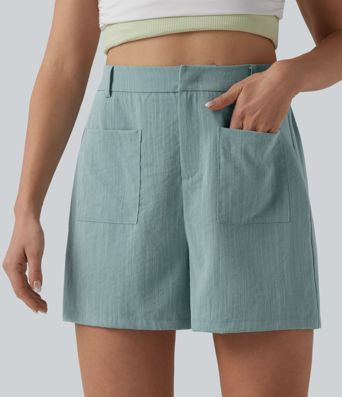 Short ample décontracté taille haute aspect lin avec poches