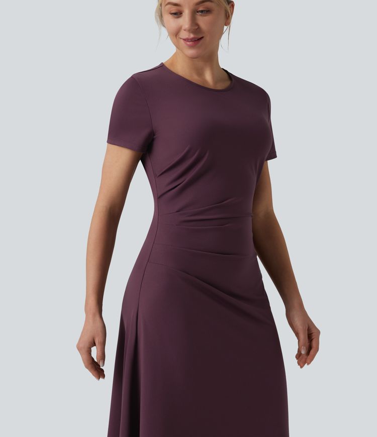 Robe mi-longue de travail col rond manches courtes ourlet asymétrique