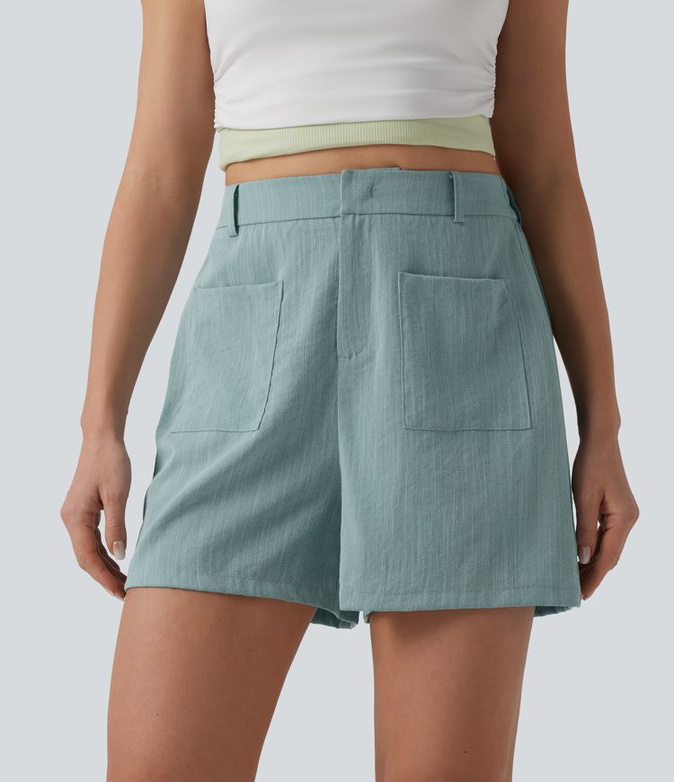 Short ample décontracté taille haute aspect lin avec poches
