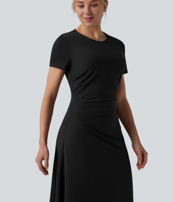 Round Neck Short Sleeve Asymmetric Hem Midi Work Dress