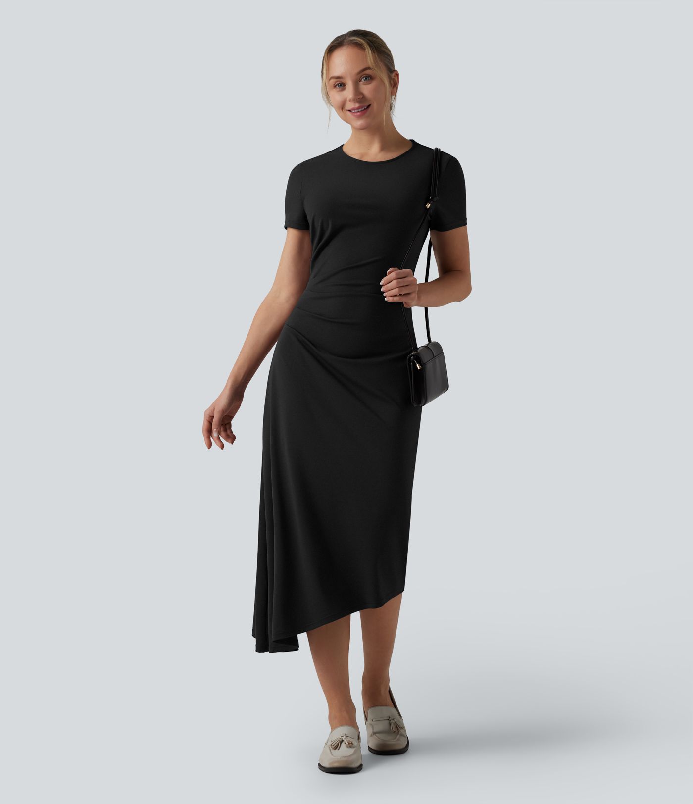 Round Neck Short Sleeve Asymmetric Hem Midi Work Dress