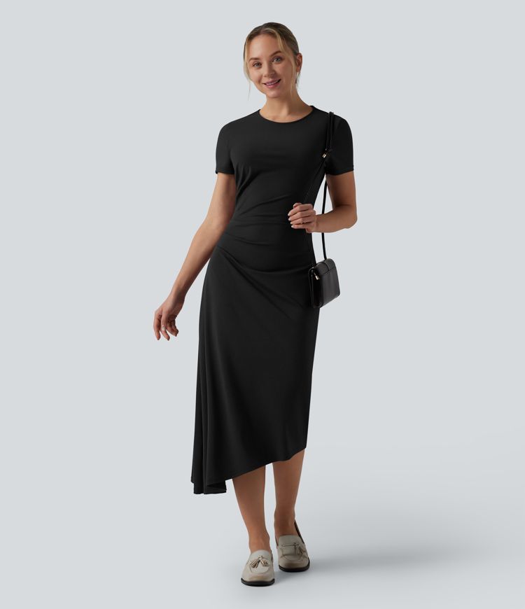 Round Neck Short Sleeve Asymmetric Hem Midi Work Dress