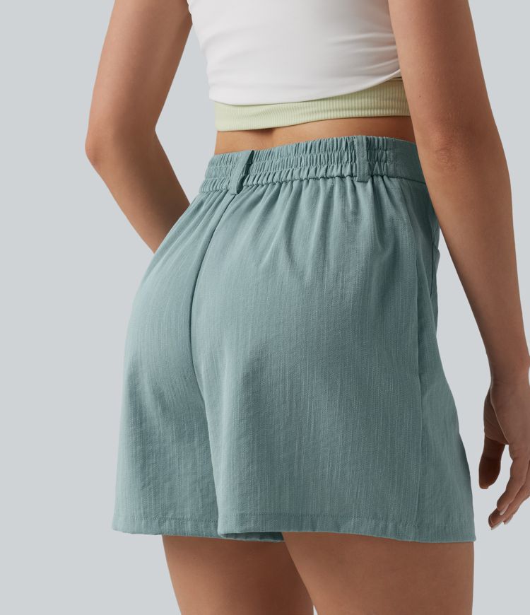 Short ample décontracté taille haute aspect lin avec poches