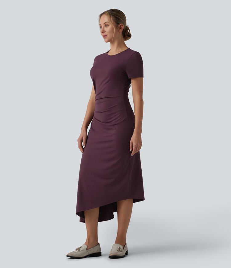 Robe mi-longue de travail col rond manches courtes ourlet asymétrique