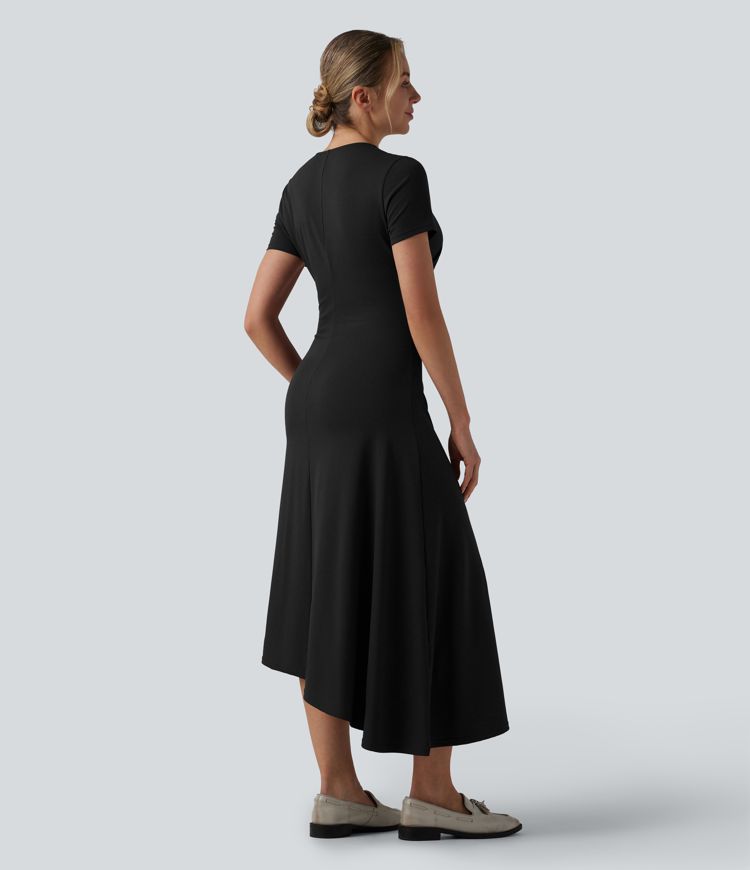 Round Neck Short Sleeve Asymmetric Hem Midi Work Dress