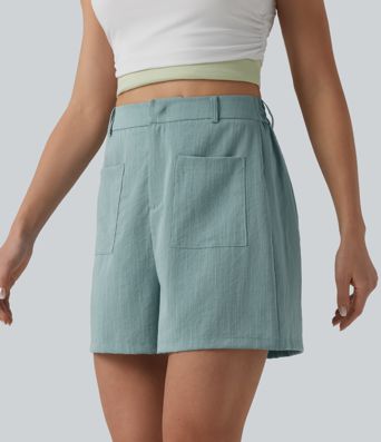 Short ample décontracté taille haute aspect lin avec poches