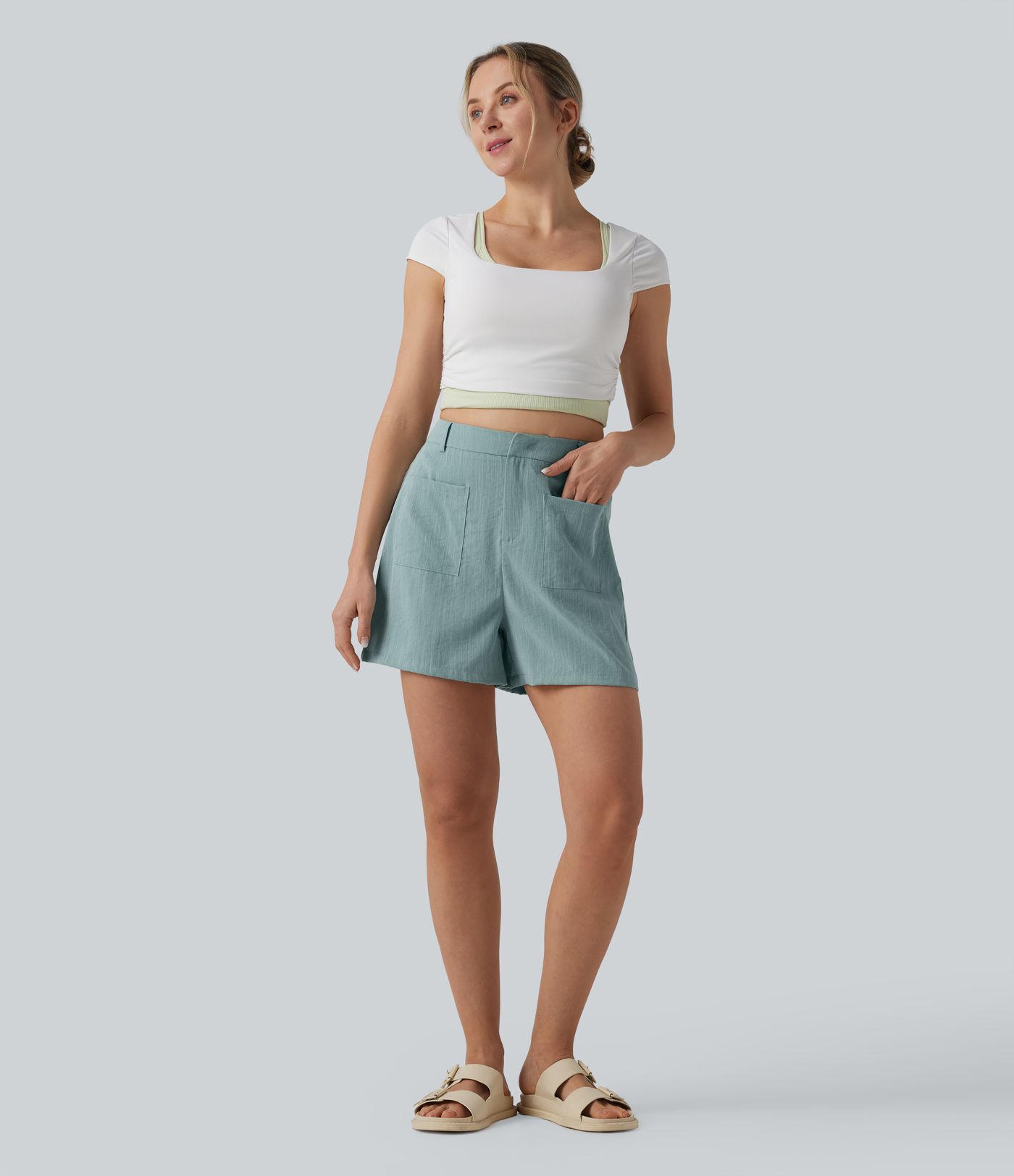 Short ample décontracté taille haute aspect lin avec poches