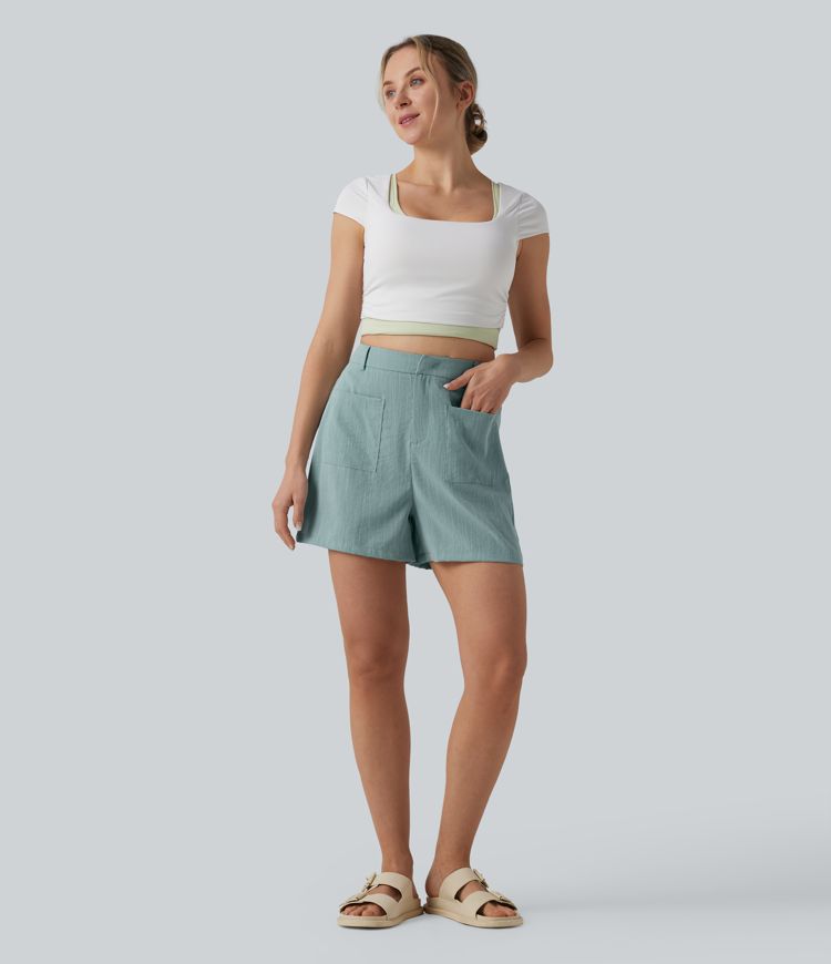 Short ample décontracté taille haute aspect lin avec poches