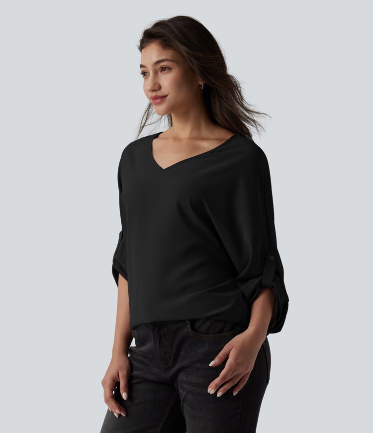 Wrinkle-resistant V Neck Long Sleeve Work Blouse