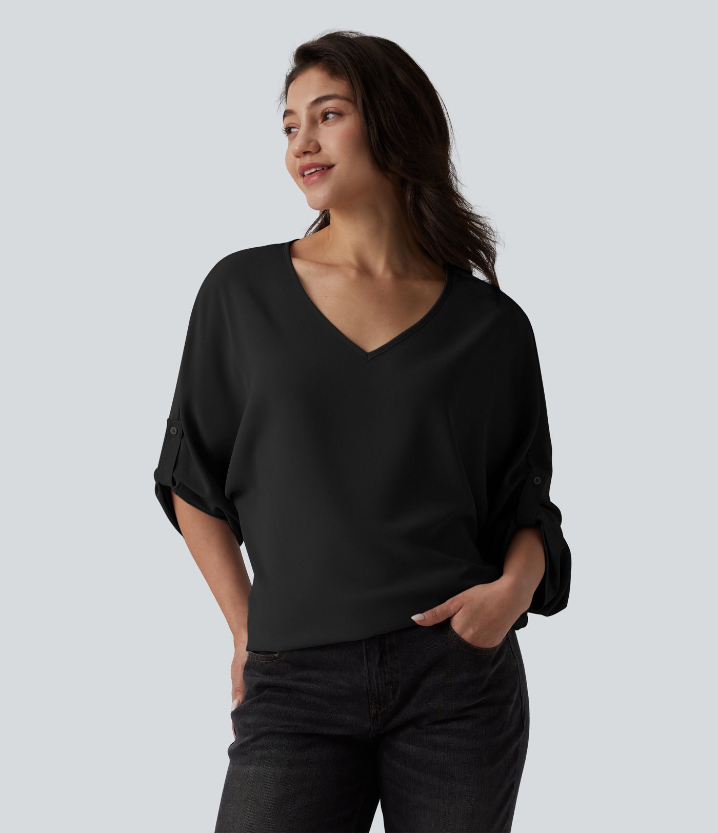 Wrinkle-resistant V Neck Long Sleeve Work Blouse