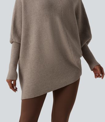 High Neck Batwing Long Sleeve Asymmetric Hem Work Sweater