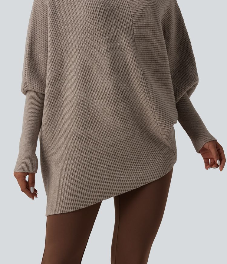 High Neck Batwing Long Sleeve Asymmetric Hem Work Sweater