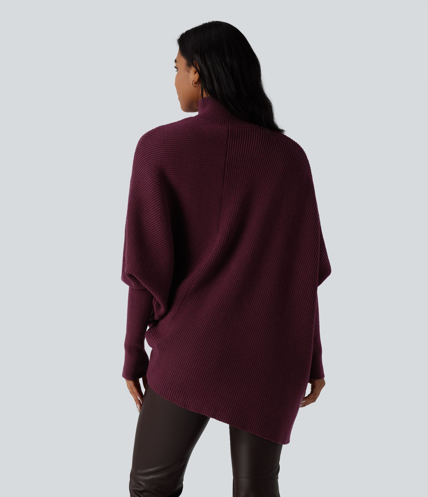 Pull cape de travail col montant à manches longues chauve-souris et ourlet asymétrique