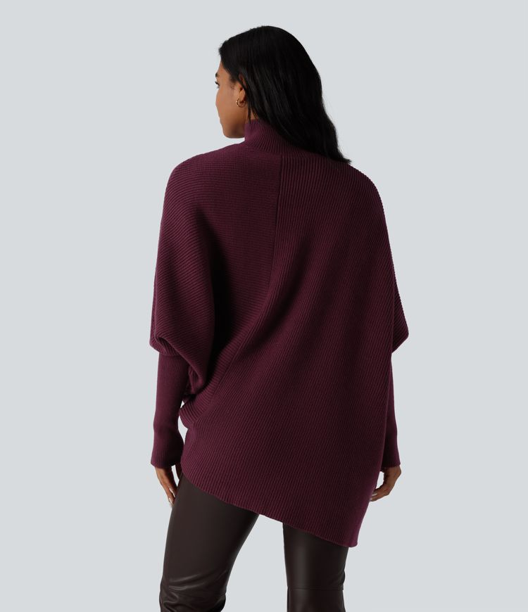 Pull cape de travail col montant à manches longues chauve-souris et ourlet asymétrique