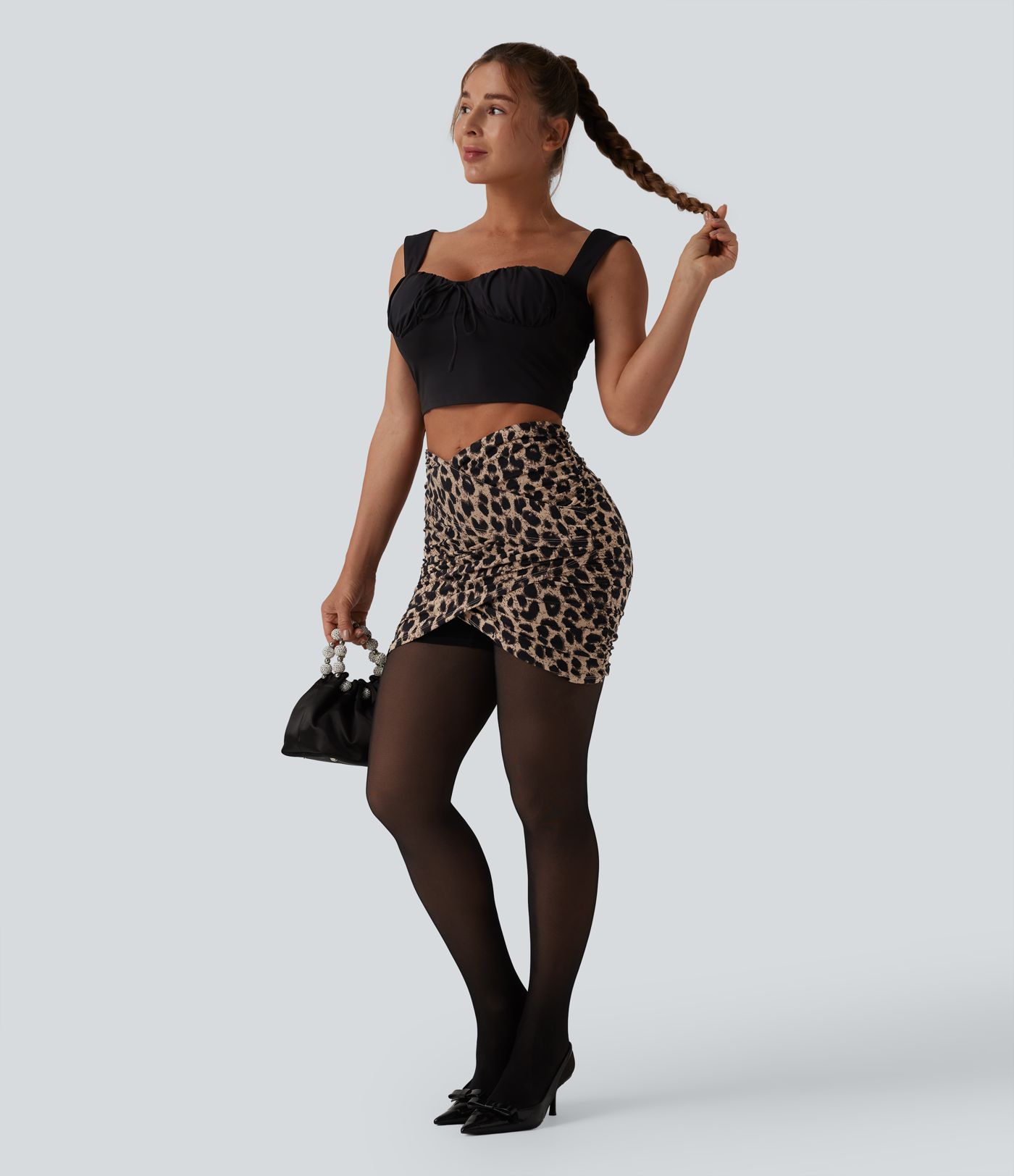 Jupe mini moulante 2-en-1 Halara UltraSculpt™ taille haute croisée imprimé léopard - Longueur rallongée