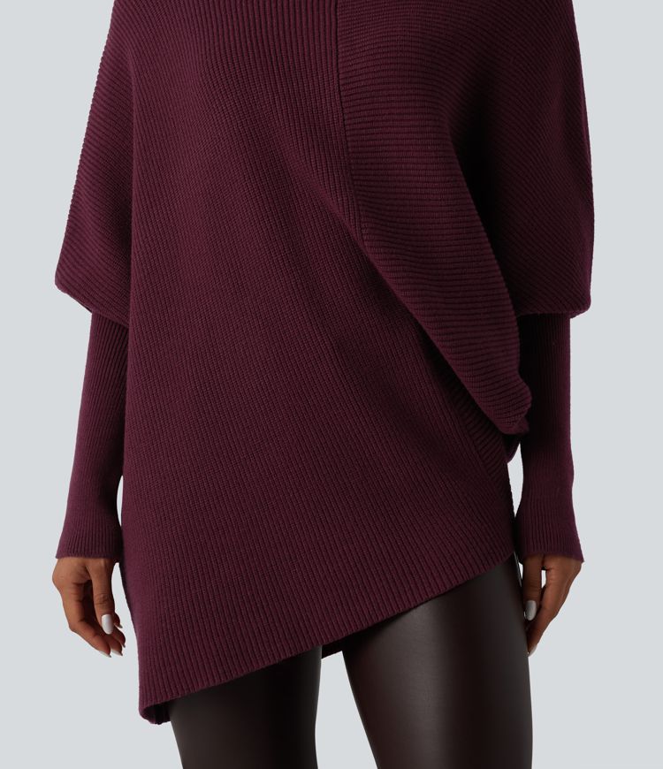 Pull cape de travail col montant à manches longues chauve-souris et ourlet asymétrique