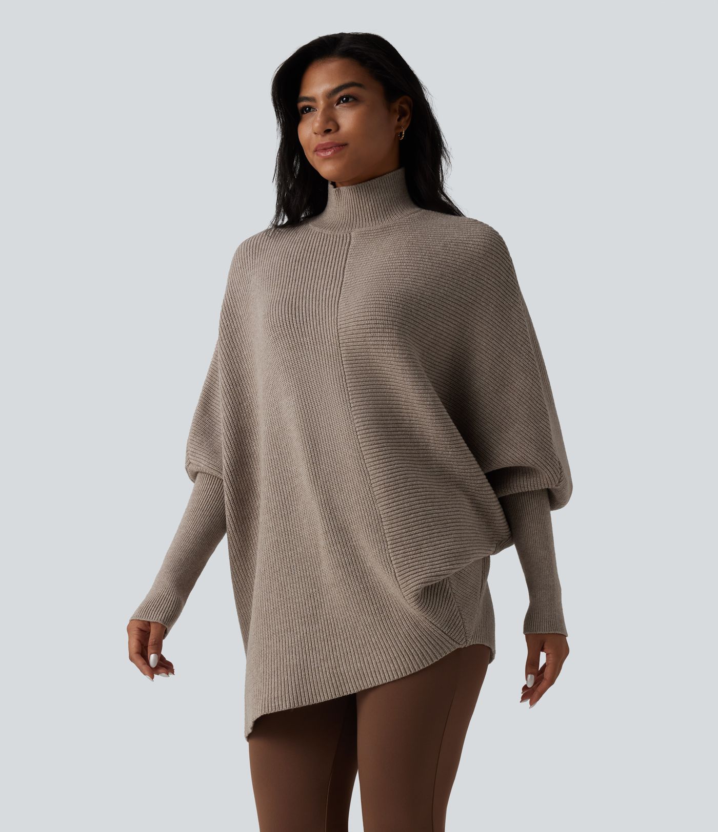 High Neck Batwing Long Sleeve Asymmetric Hem Work Sweater