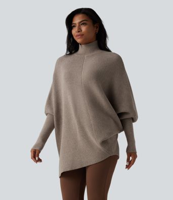 High Neck Batwing Long Sleeve Asymmetric Hem Work Sweater