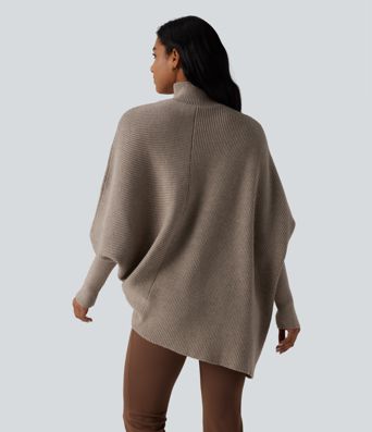 High Neck Batwing Long Sleeve Asymmetric Hem Work Sweater