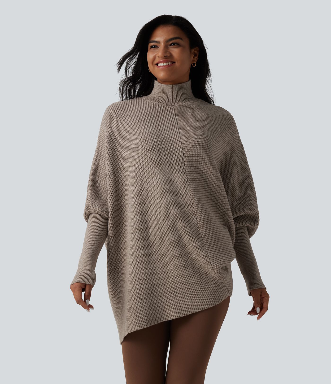 High Neck Batwing Long Sleeve Asymmetric Hem Work Sweater