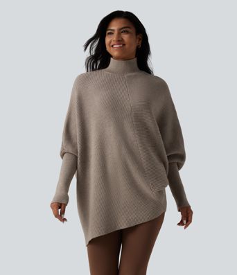 High Neck Batwing Long Sleeve Asymmetric Hem Work Sweater