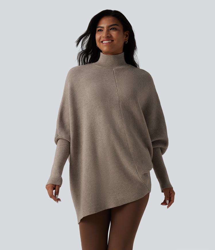 High Neck Batwing Long Sleeve Asymmetric Hem Work Sweater