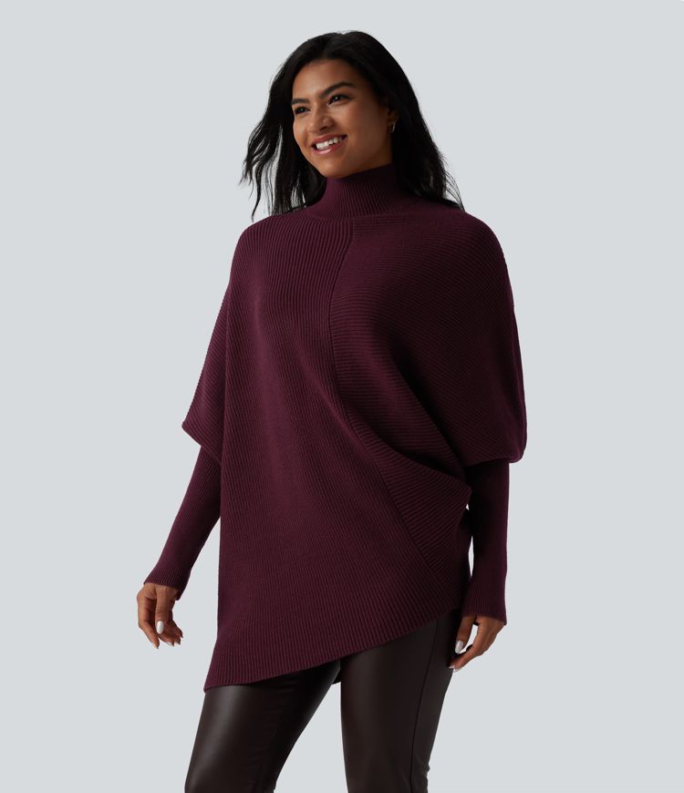 Pull cape de travail col montant à manches longues chauve-souris et ourlet asymétrique