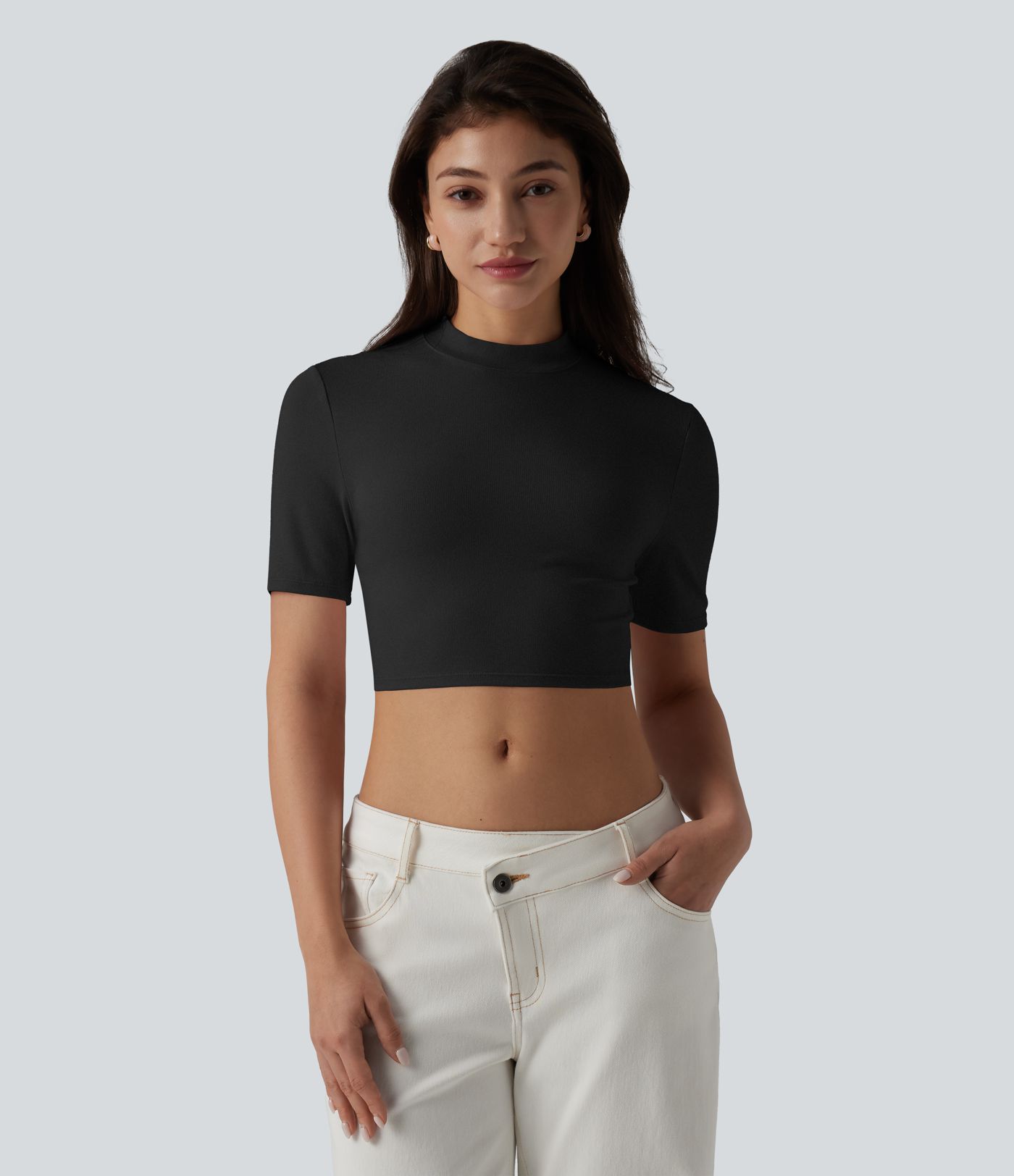 Ribbed Knit Mock Neck Short Sleeve Cropped Casual T-Shirt