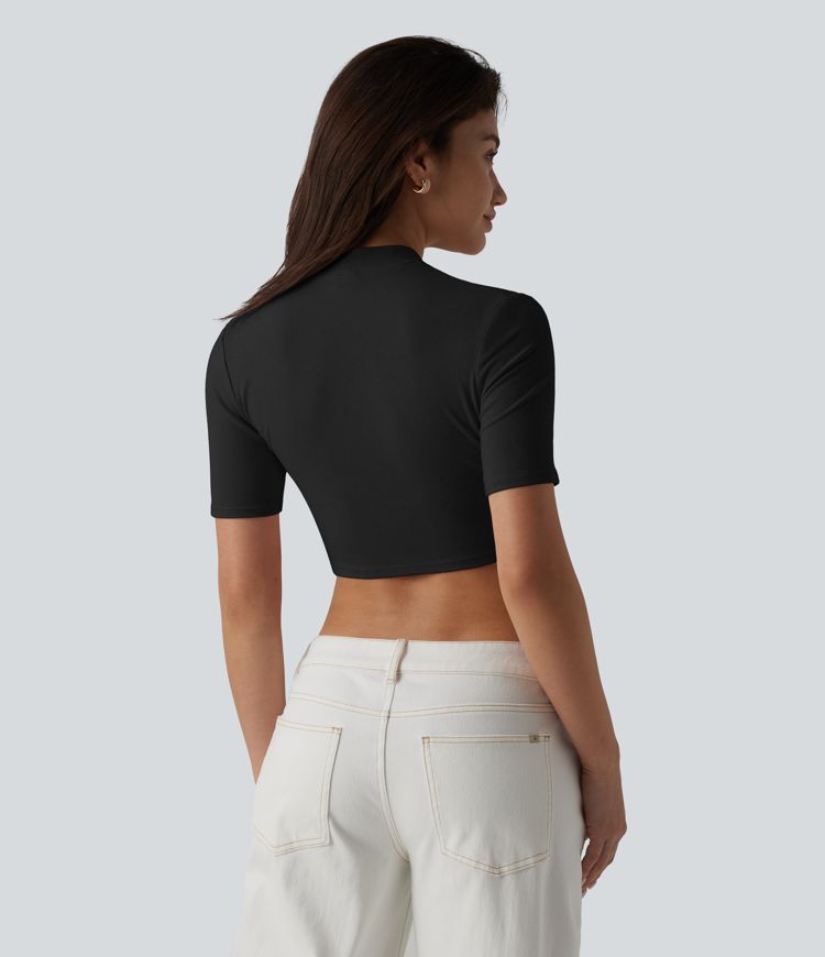 Ribbed Knit Mock Neck Short Sleeve Cropped Casual T-Shirt