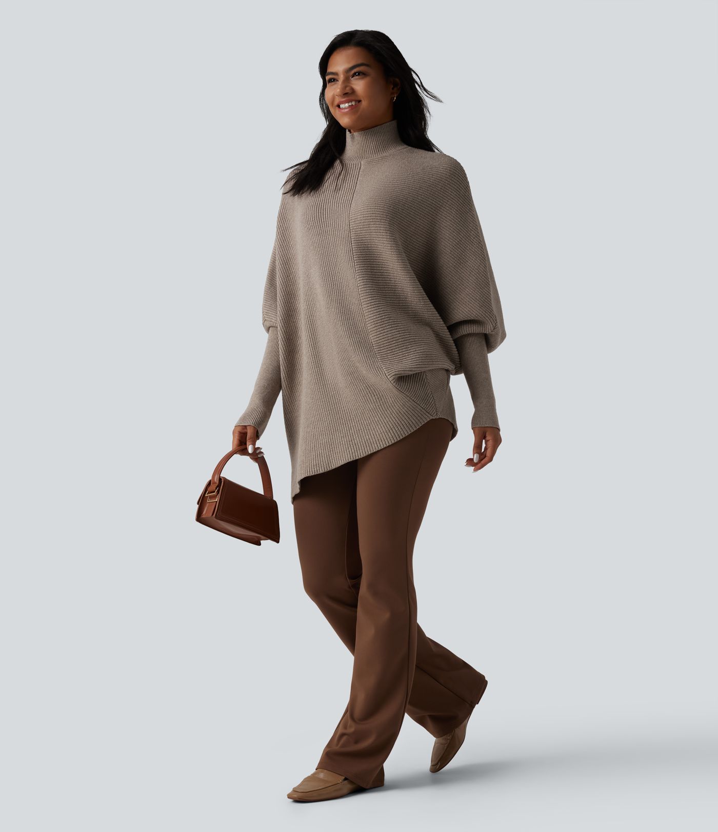 High Neck Batwing Long Sleeve Asymmetric Hem Work Sweater