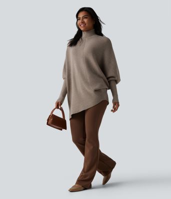 High Neck Batwing Long Sleeve Asymmetric Hem Work Sweater