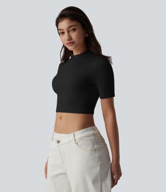 Ribbed Knit Mock Neck Short Sleeve Cropped Casual T-Shirt