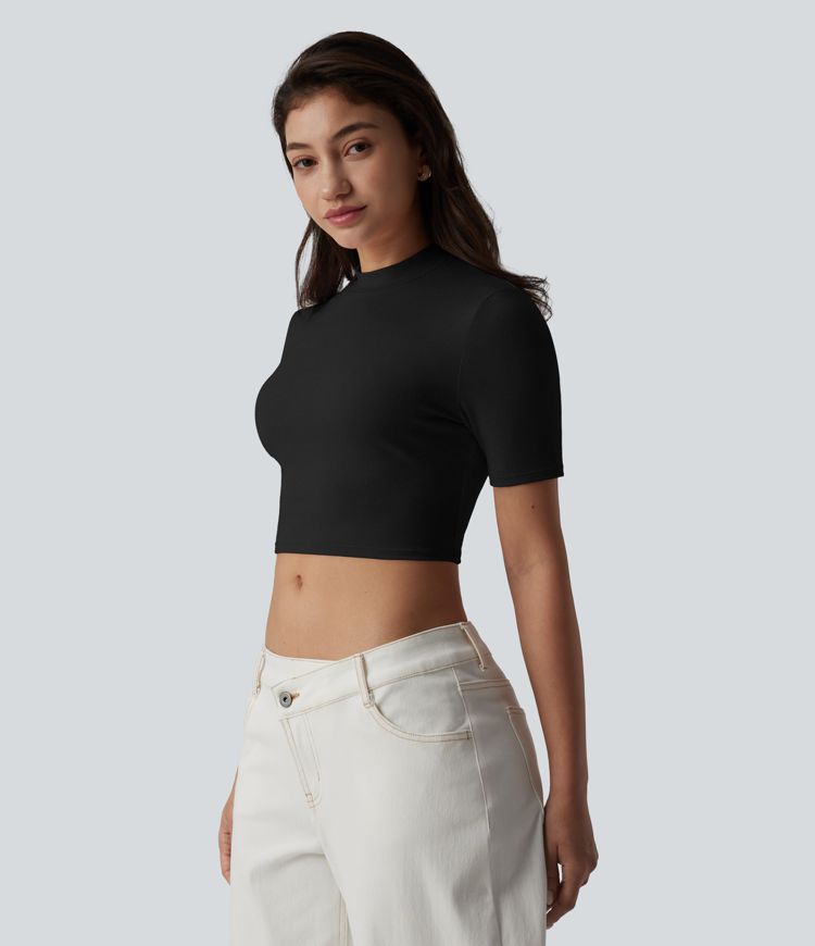 Ribbed Knit Mock Neck Short Sleeve Cropped Casual T-Shirt