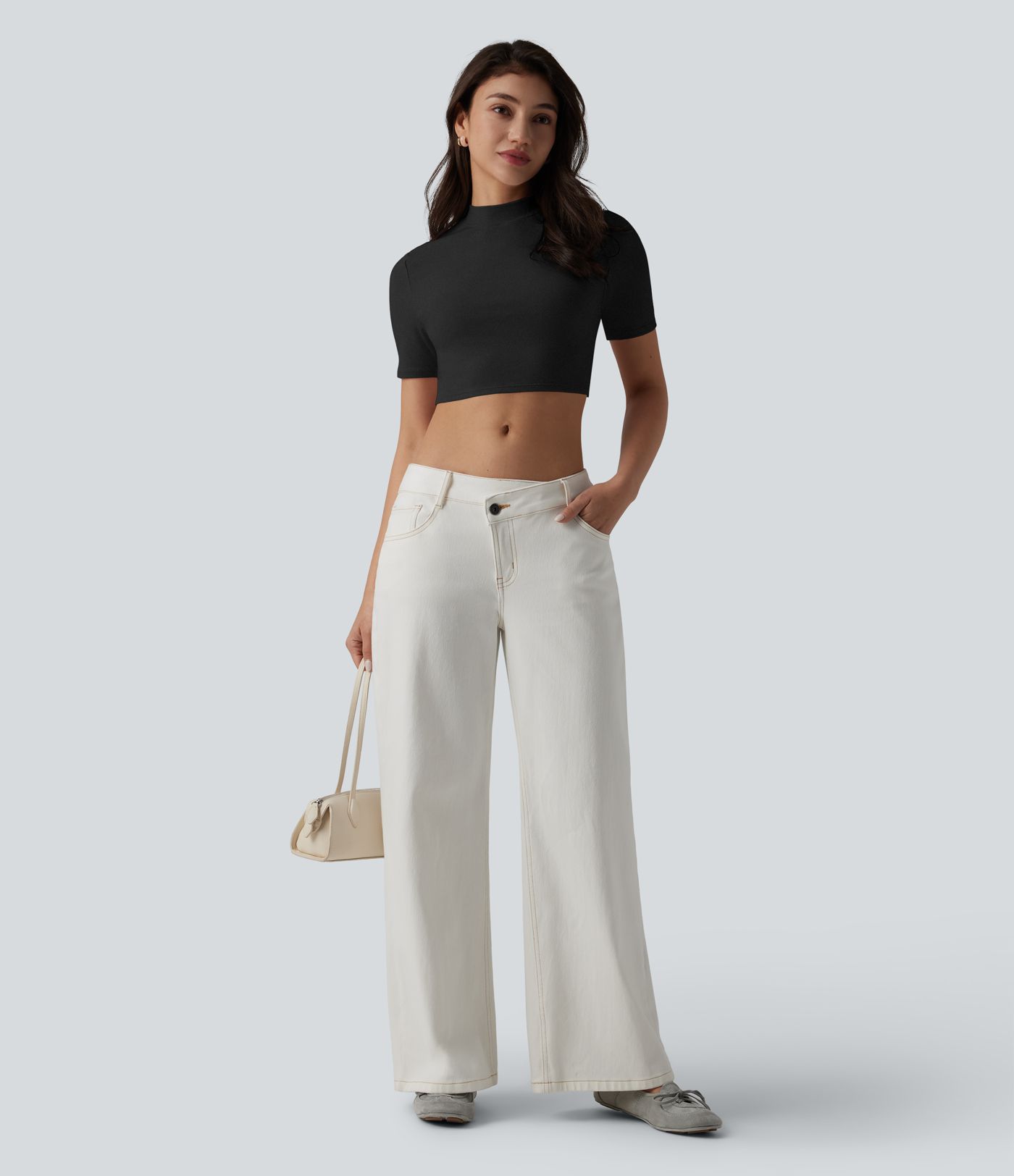 Ribbed Knit Mock Neck Short Sleeve Cropped Casual T-Shirt