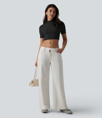 Ribbed Knit Mock Neck Short Sleeve Cropped Casual T-Shirt