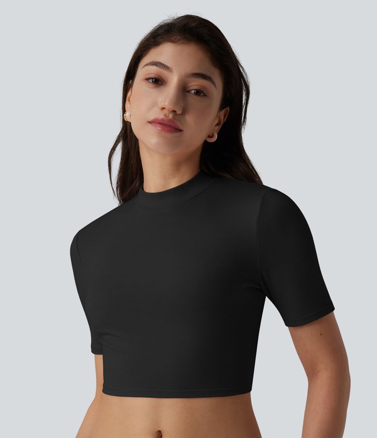 Ribbed Knit Mock Neck Short Sleeve Cropped Casual T-Shirt