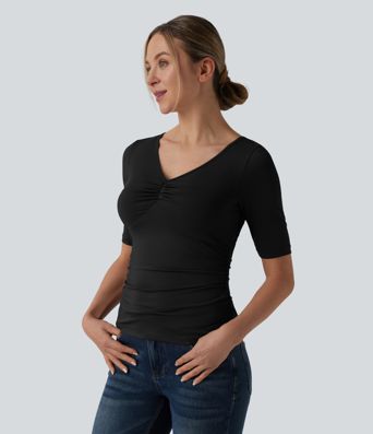 V Neck Short Sleeve Ruched Casual T-Shirt